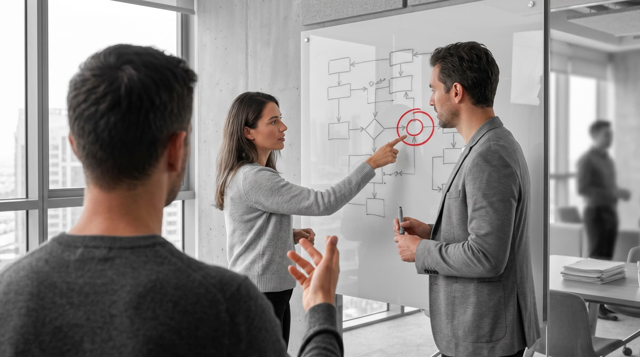 A small team mapping an AI workflow architecture on a glass whiteboard in a grey meeting room, a single node circled in red