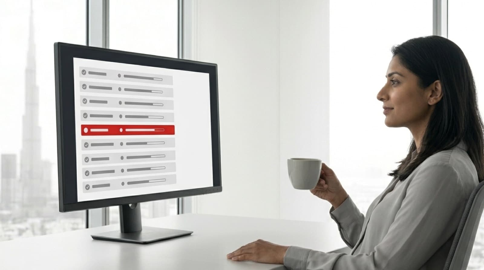 Operations lead supervising a monochrome AI agent activity feed showing completed task rows