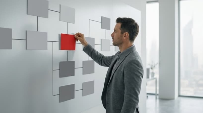 Business workflow board with grey process step cards connected by lines, one red step marking where AI automation takes over