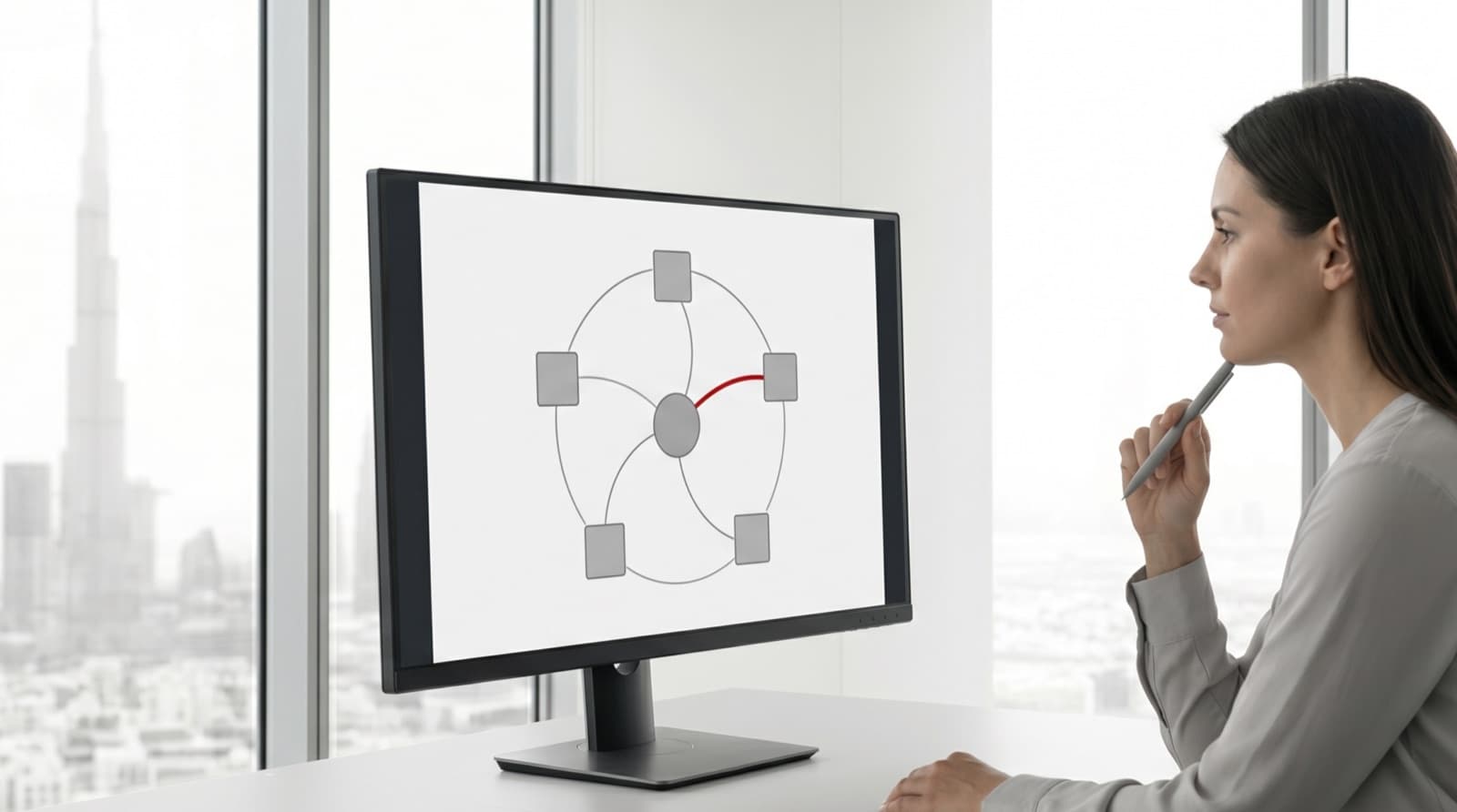 Integration engineer reviewing a monochrome systems map where application nodes connect through a central hub