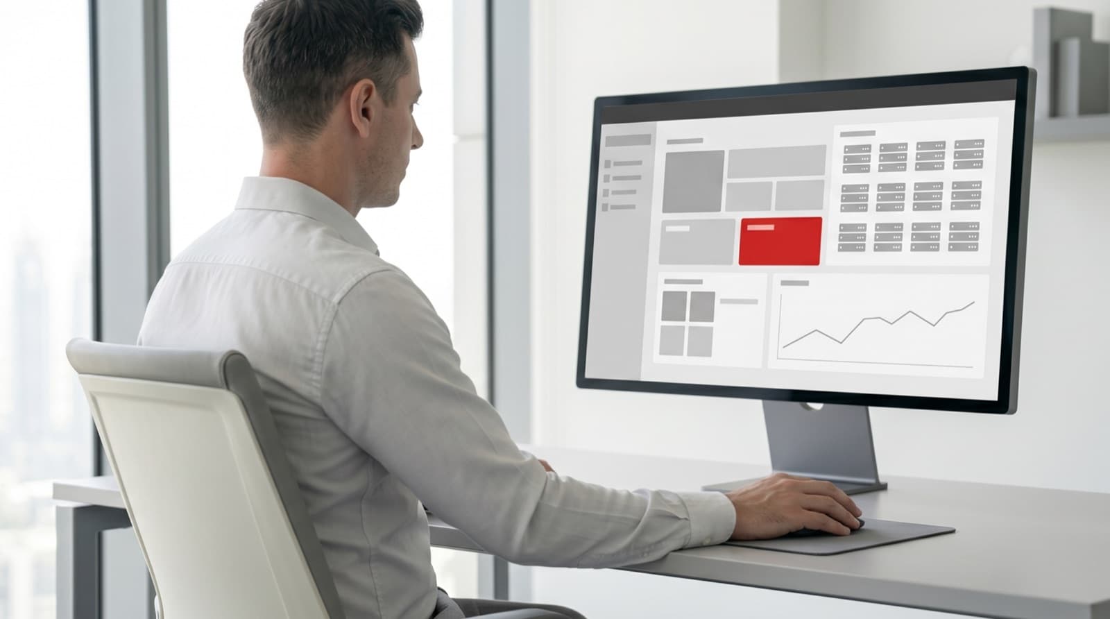 Cloud engineer at a bright workstation reviewing a monochrome AWS infrastructure dashboard on a monitor
