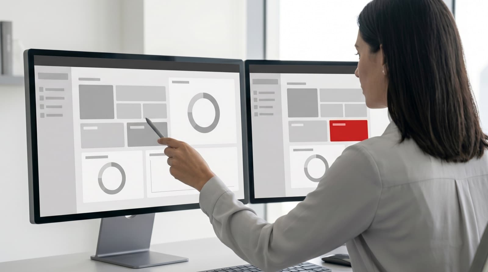 IT consultant reviewing a monochrome Microsoft Azure resource dashboard across two monitors in a bright office