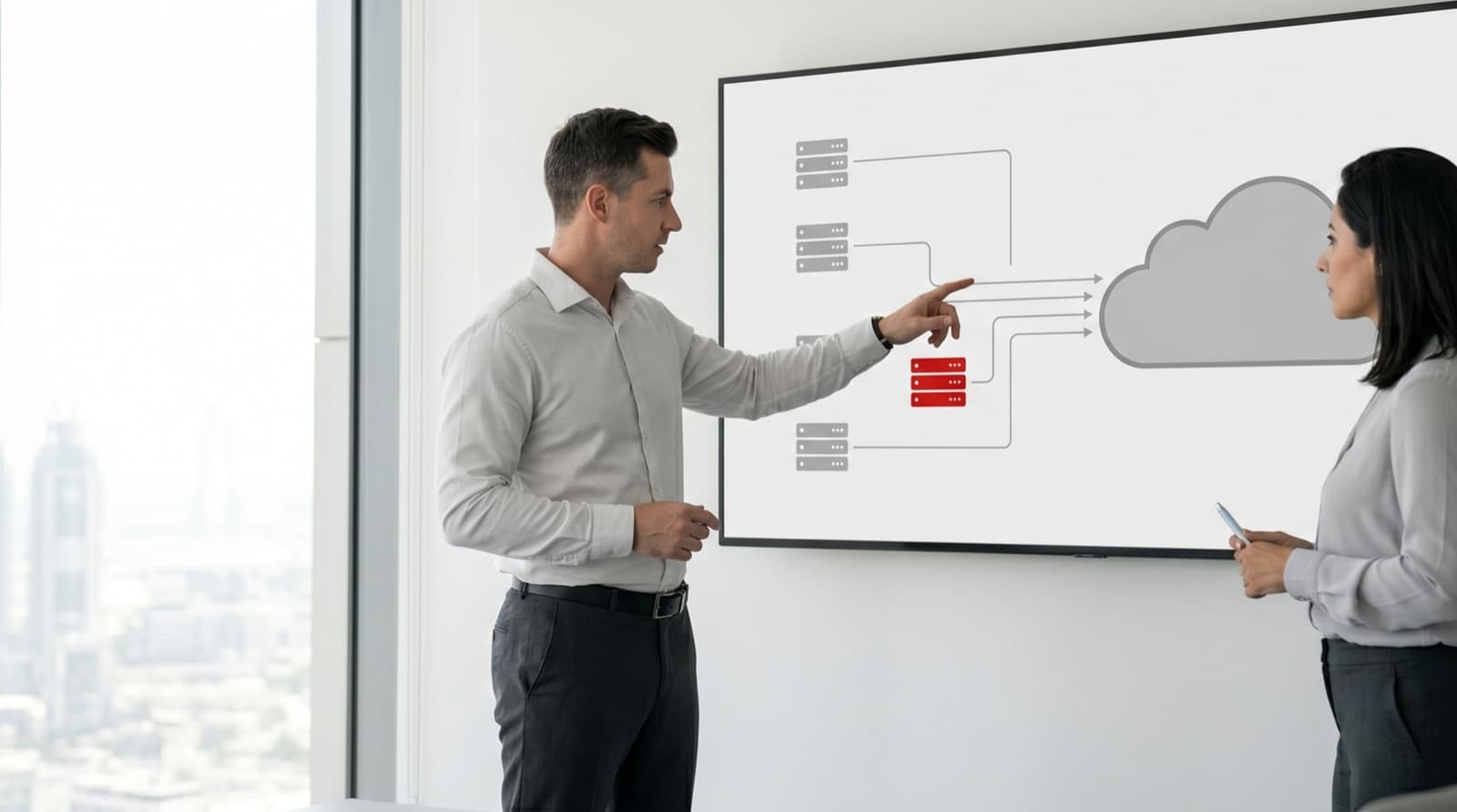 Engineers reviewing a cloud migration plan on a large screen showing server-to-cloud workload mapping