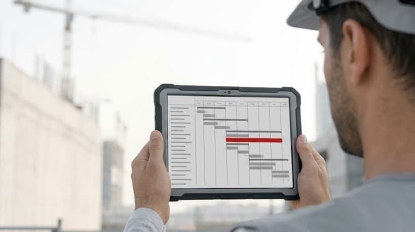Site engineer in a grey hard hat reviewing a tablet showing a grey project dashboard with one red milestone highlighted