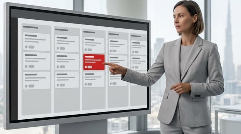 Sales manager reviewing a custom CRM pipeline board with grey deal cards and one red priority deal card