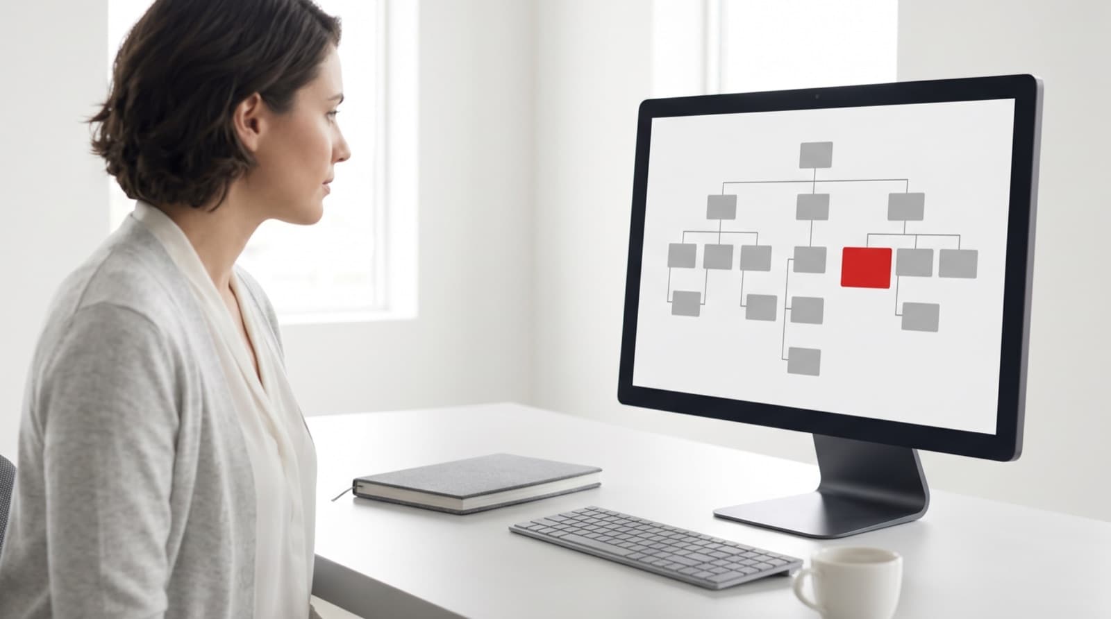 Content strategist organising a monochrome content structure diagram on a screen in a bright editorial office