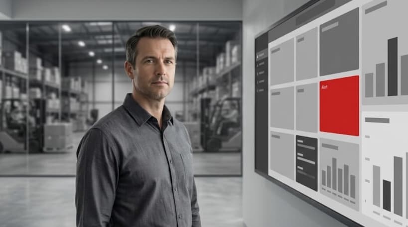Operations director reviewing a custom ERP dashboard with grey module panels and one red inventory alert