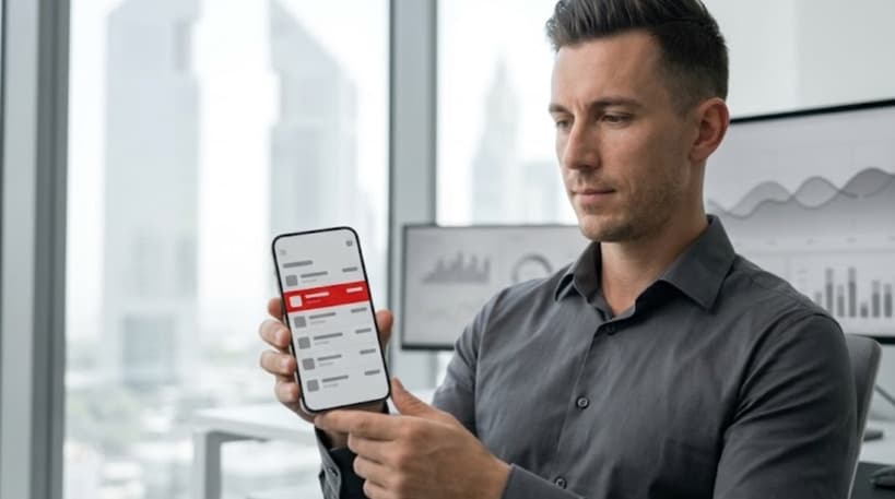 Fintech product manager reviewing a grey banking app interface with one red transaction alert highlighted