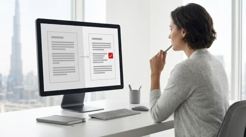 Product manager reviewing AI-generated draft text panels beside source documents on a monochrome interface