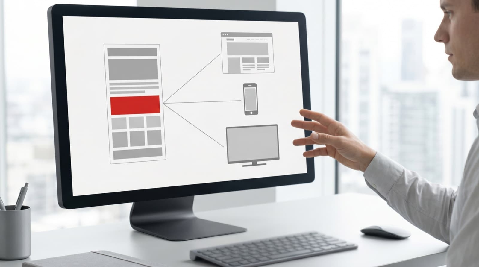 Content engineer mapping monochrome content blocks flowing from a CMS hub to website, mobile, and display channels