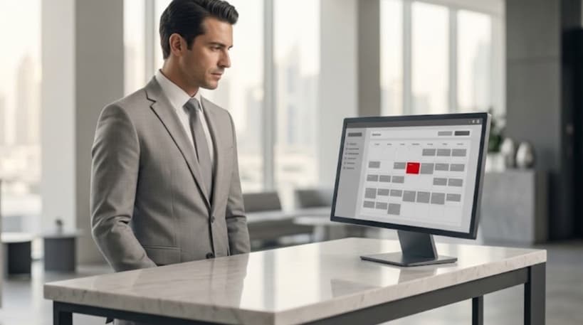 Hotel manager at a bright reception reviewing a grey booking dashboard with one red reservation highlighted