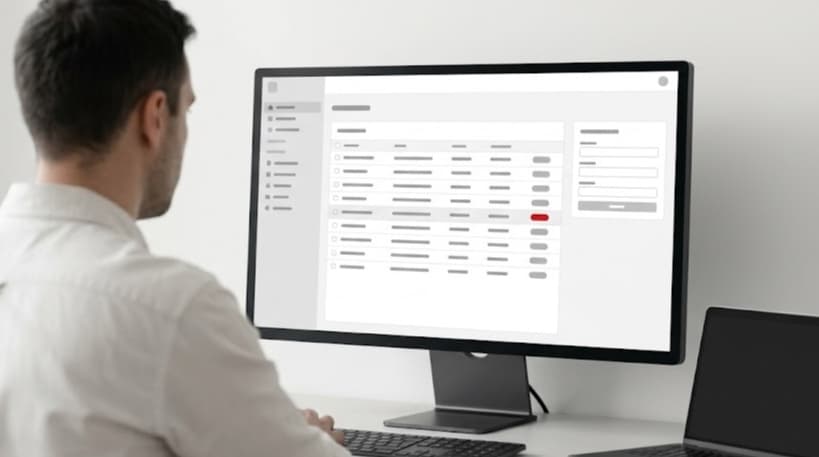 Backend developer working in a clean monochrome admin panel with structured content tables on a monitor