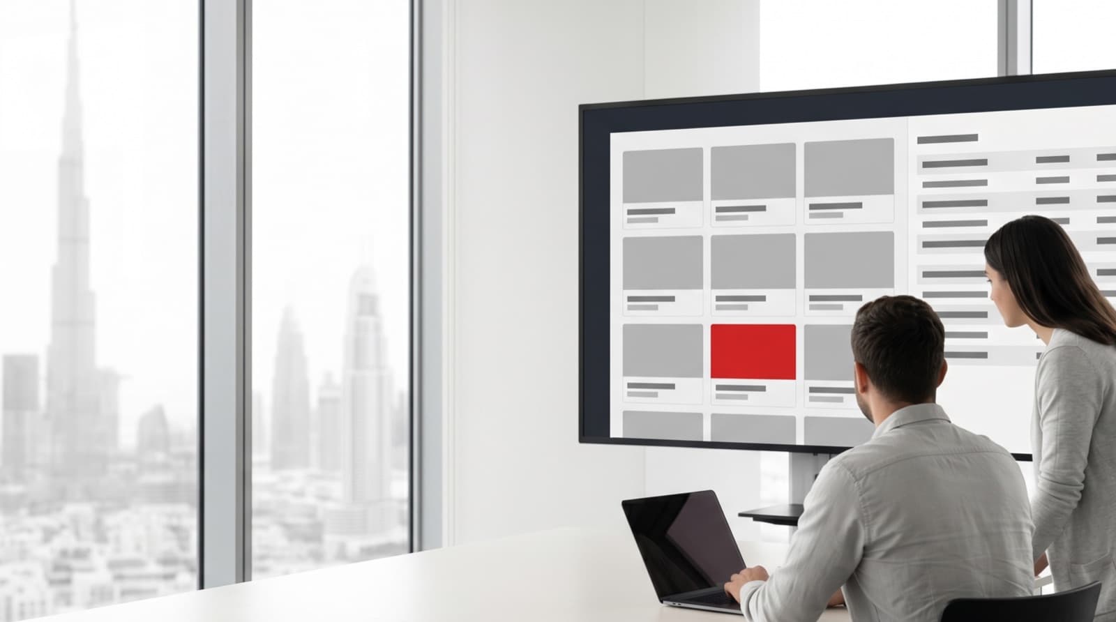 Product team reviewing a monochrome marketplace dashboard with vendor and order panels on a large screen