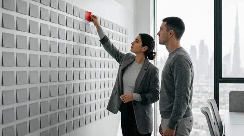 Startup founders prioritising grey feature cards on a planning wall with a single red card marking the core MVP feature
