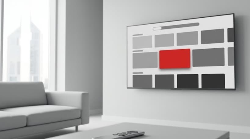 Living room with a large TV displaying a minimalist grey streaming interface with one red focused tile, Siri remote in the foreground