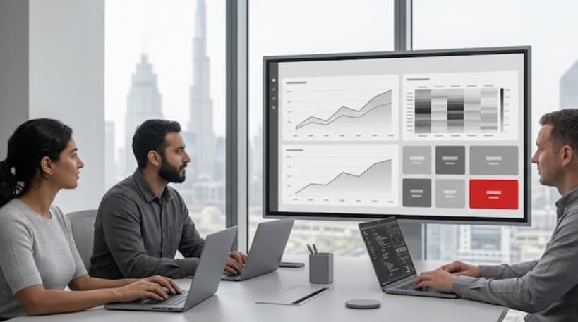 Product team reviewing a grey SaaS analytics dashboard with subscription growth charts and one red metric tile