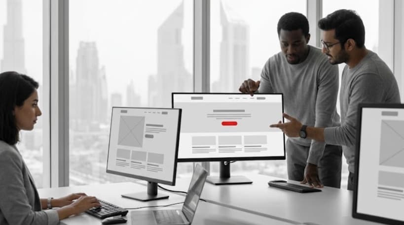 Web development team at work in a bright Dubai studio with grey website layouts on screens and one red element highlighted