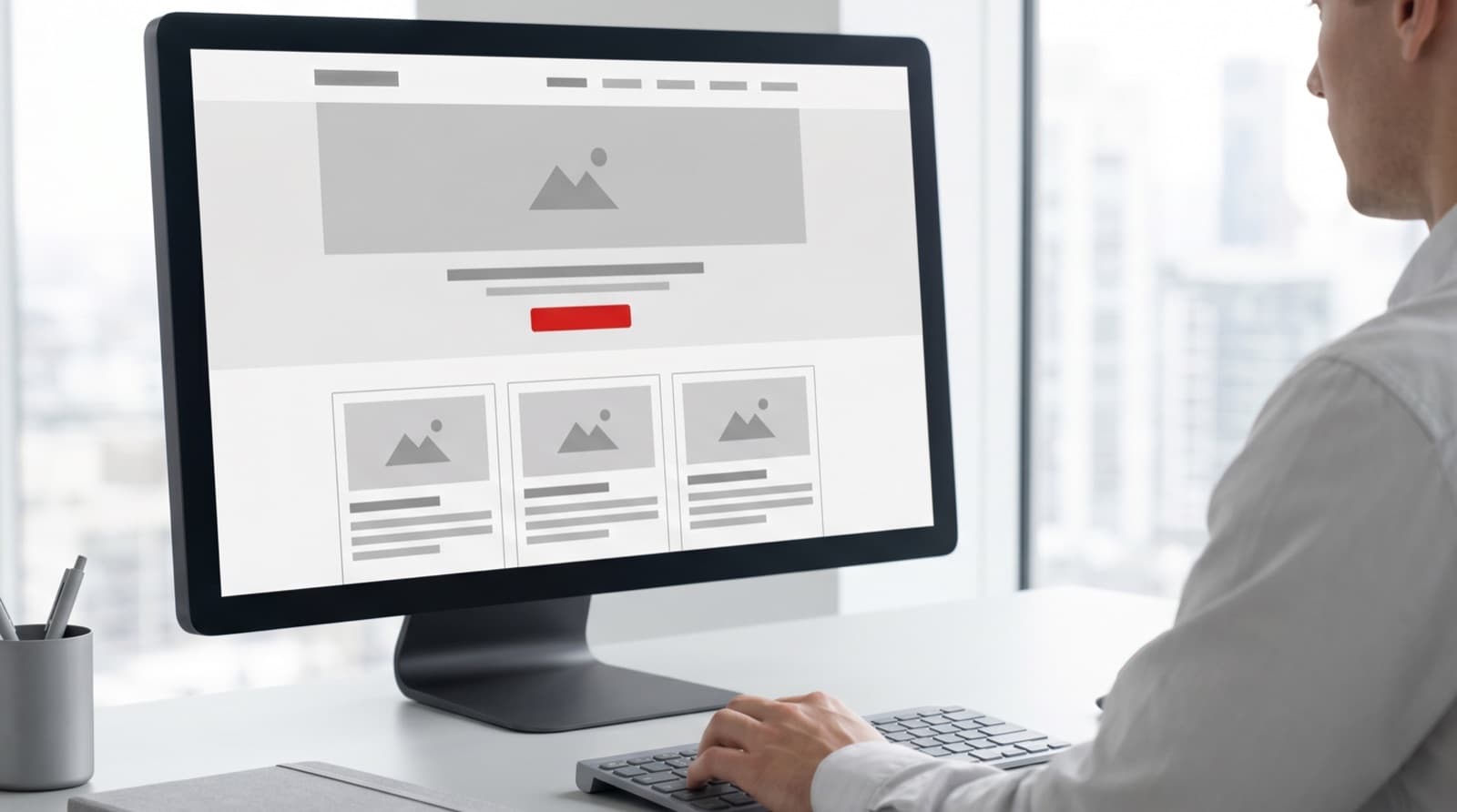 WordPress developer refining a clean monochrome page template structure on a widescreen display